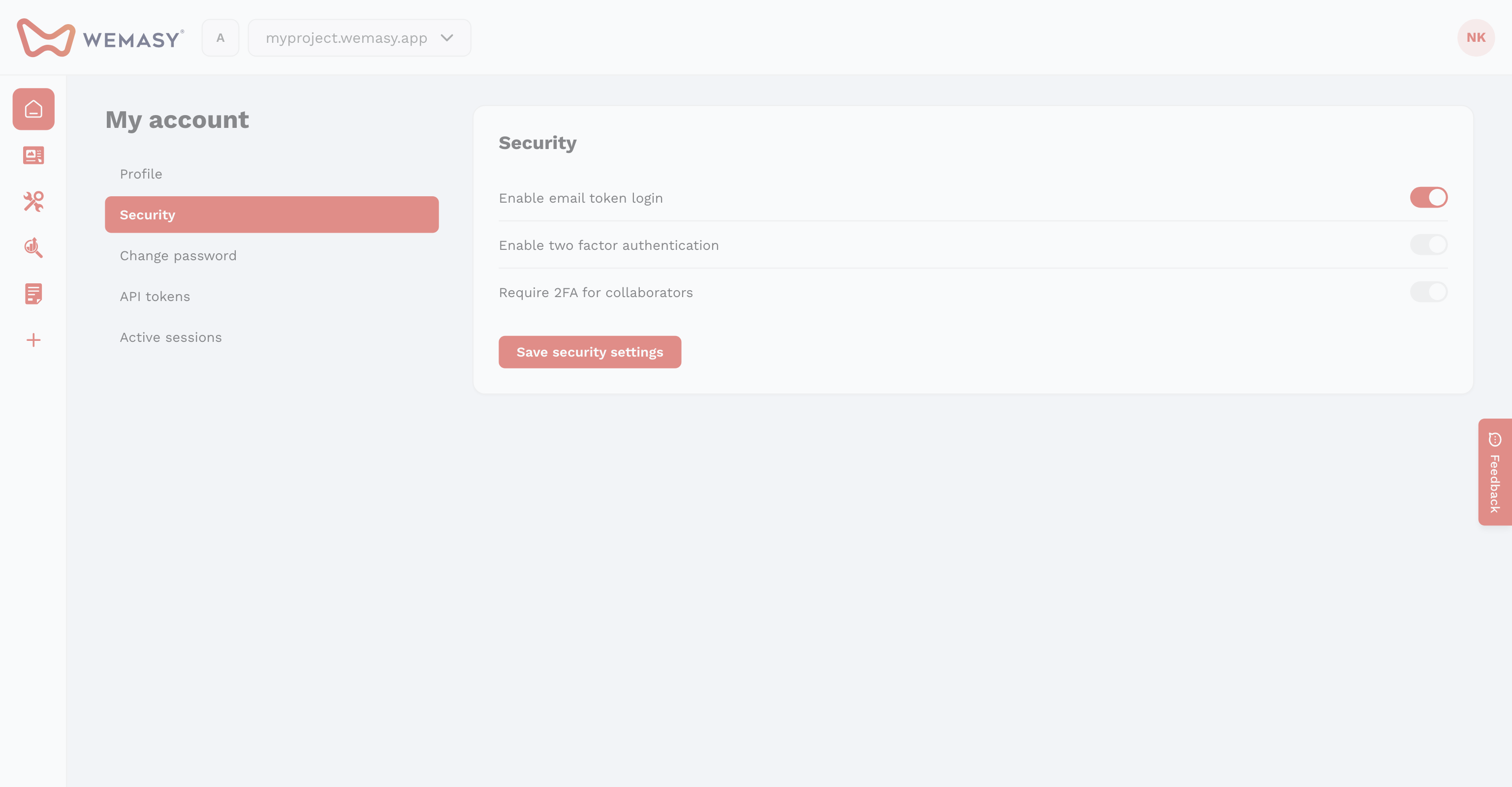 A WEMASY API-tokenek képernyője a fiókbiztonságban